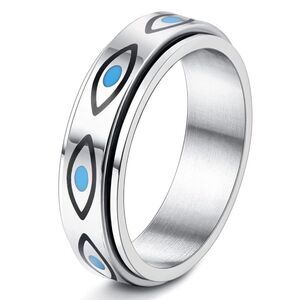 316L Stainless Silver & Blue Evil Eye Fidget Anxiety Stress Relieving Spin Ring